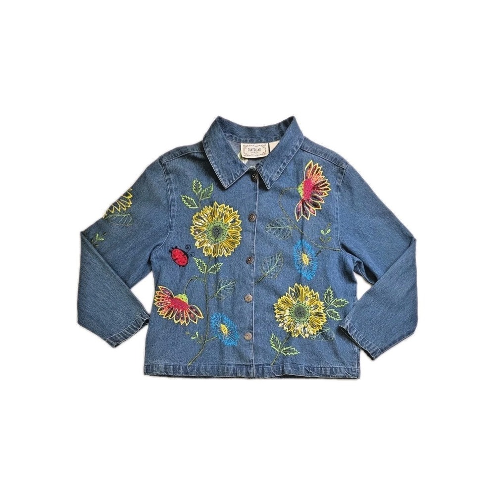 Vtg 90s Tantrums Ladybug Sunflower Denim Shacket Embroidered Beads Sequins Sz M